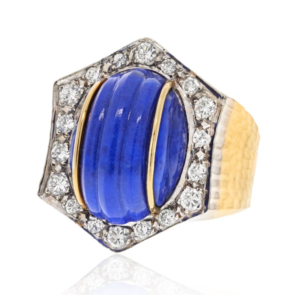 David Webb Platinum & 18K Yellow Gold Hammered Finish, Carved Lapis And Diamond Frame Ring - The Back Vault