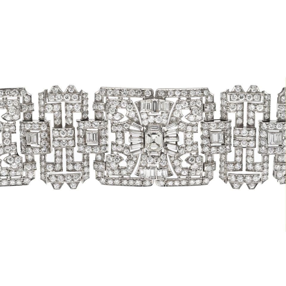 Platinum 1930's Statement Deco 47.00cttw Diamond Bracelet - The Back Vault