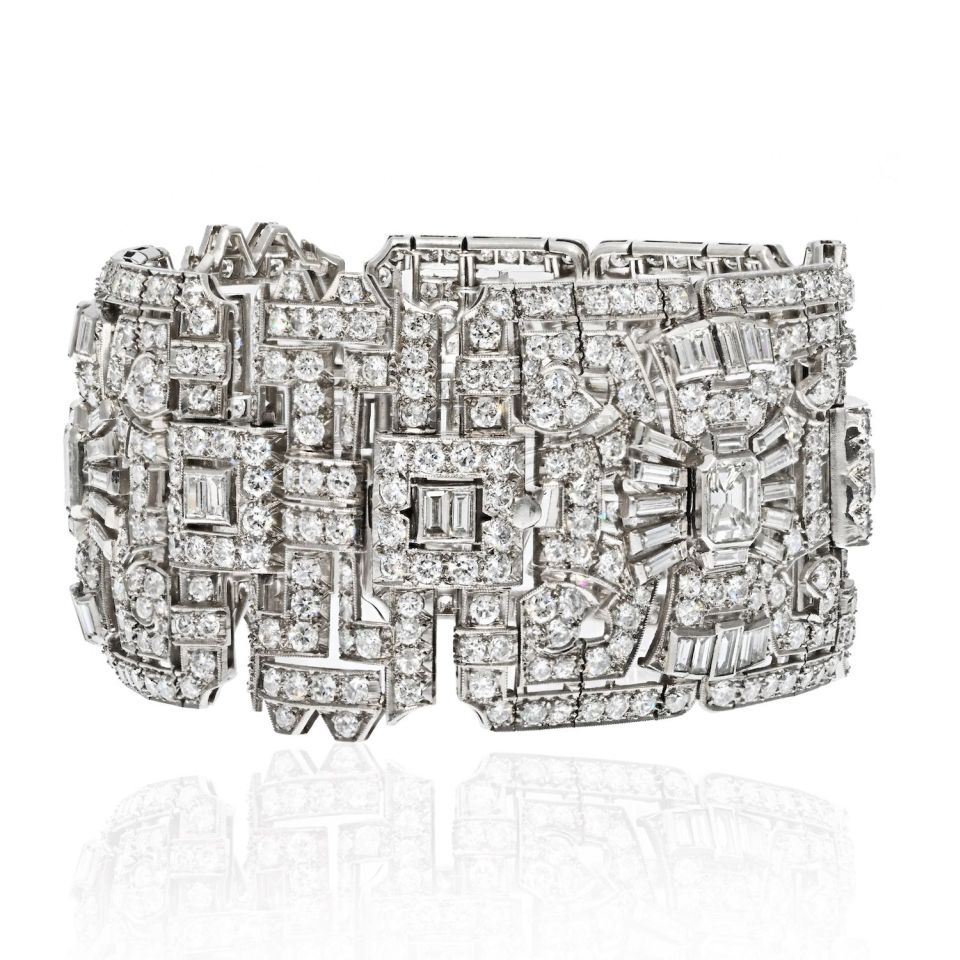 Platinum 1930's Statement Deco 47.00cttw Diamond Bracelet - The Back Vault