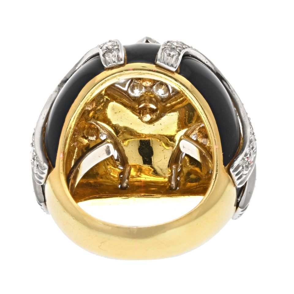 David Webb Platinum & 18K Yellow Gold Black Enamel Diamond Bombe Ring - The Back Vault