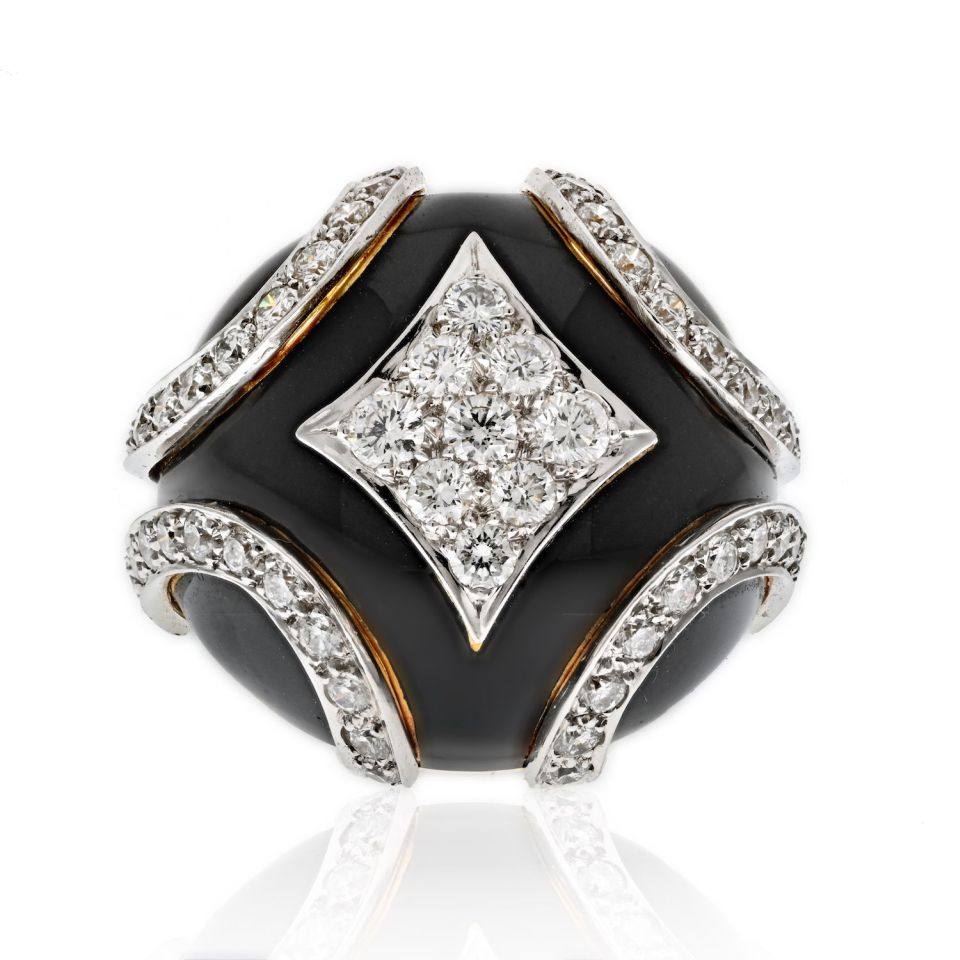 David Webb Platinum & 18K Yellow Gold Black Enamel Diamond Bombe Ring - The Back Vault