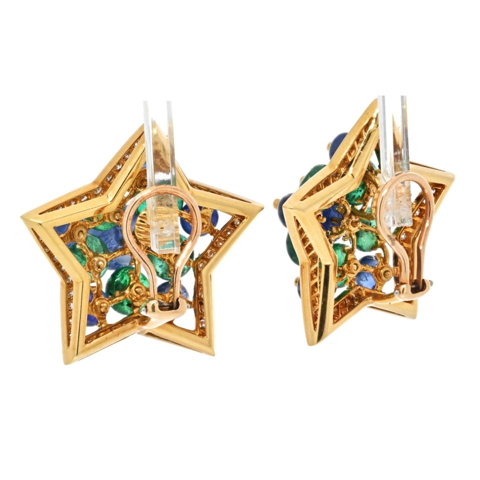 18K Yellow Gold Multicolor Sapphire, Green Emerald And Diamond Star Earrings - The Back Vault