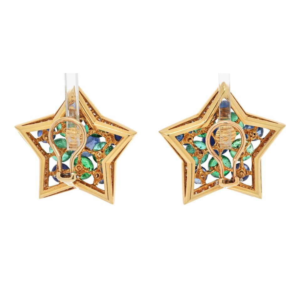 18K Yellow Gold Multicolor Sapphire, Green Emerald And Diamond Star Earrings - The Back Vault