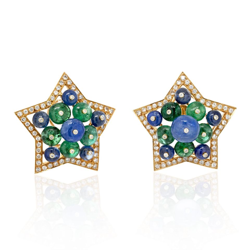 18K Yellow Gold Multicolor Sapphire, Green Emerald And Diamond Star Earrings - The Back Vault