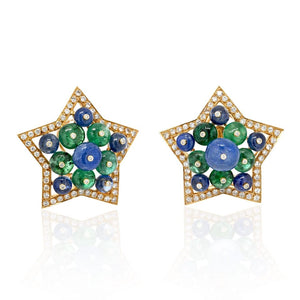 18K Yellow Gold Multicolor Sapphire, Green Emerald And Diamond Star Earrings