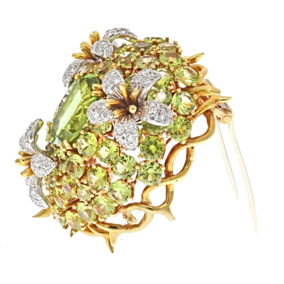 Tiffany & Co. Schlumberger Platinum/18K Yellow Gold Oval Cut Peridot And Diamond Brooch - The Back Vault