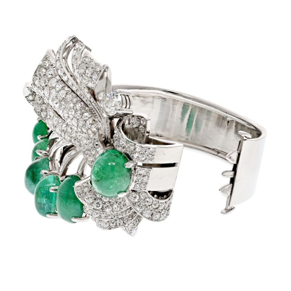 Platinum 1940's Cabochon Cut Green Emerald And Diamond Bracelet - The Back Vault