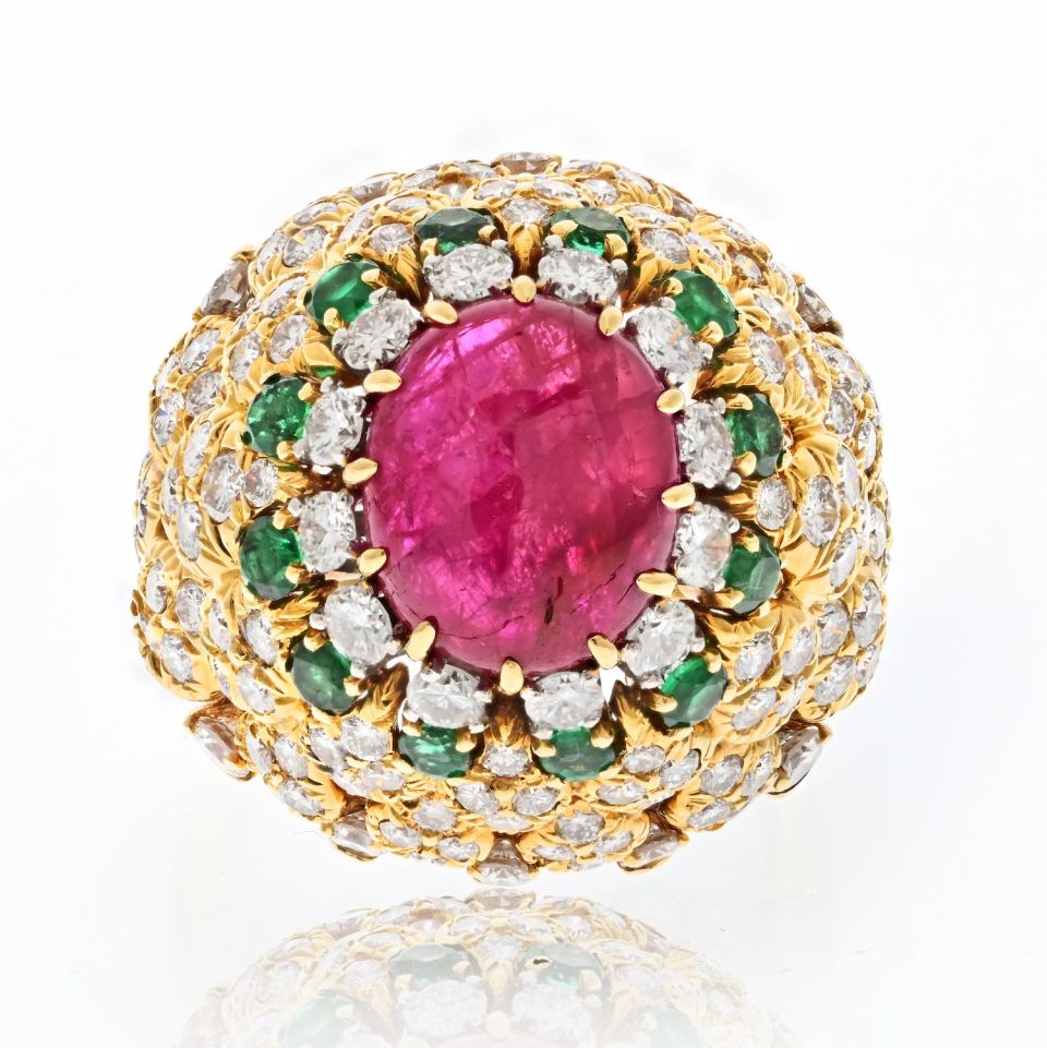 David Webb 18K Yellow Gold 1970's Ruby, Diamond and Emerald Cocktail Ring - The Back Vault
