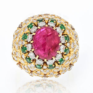 David Webb 18K Yellow Gold 1970's Ruby, Diamond and Emerald Cocktail Ring
