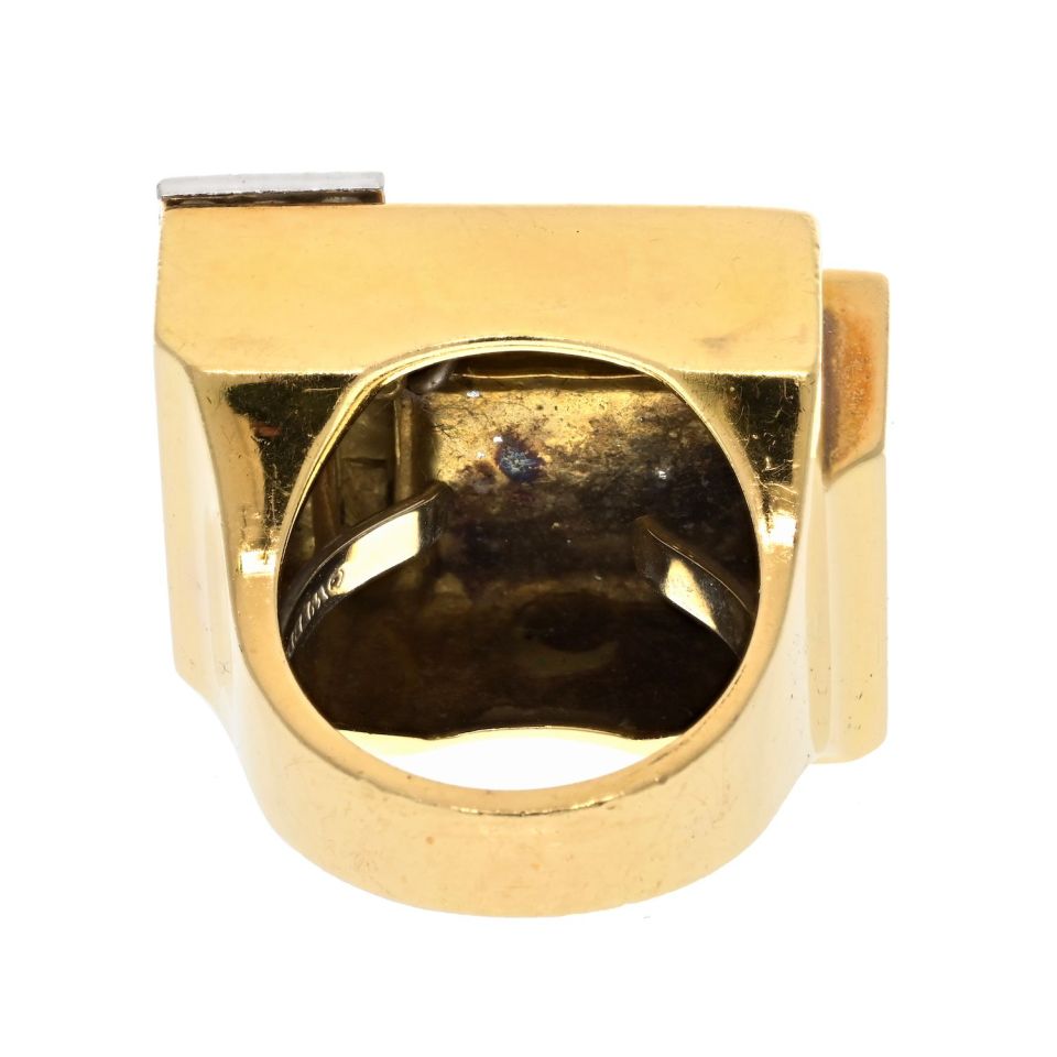 David Webb Platinum & 18K Yellow Gold Geometric White Enamel Diamond Ring - The Back Vault