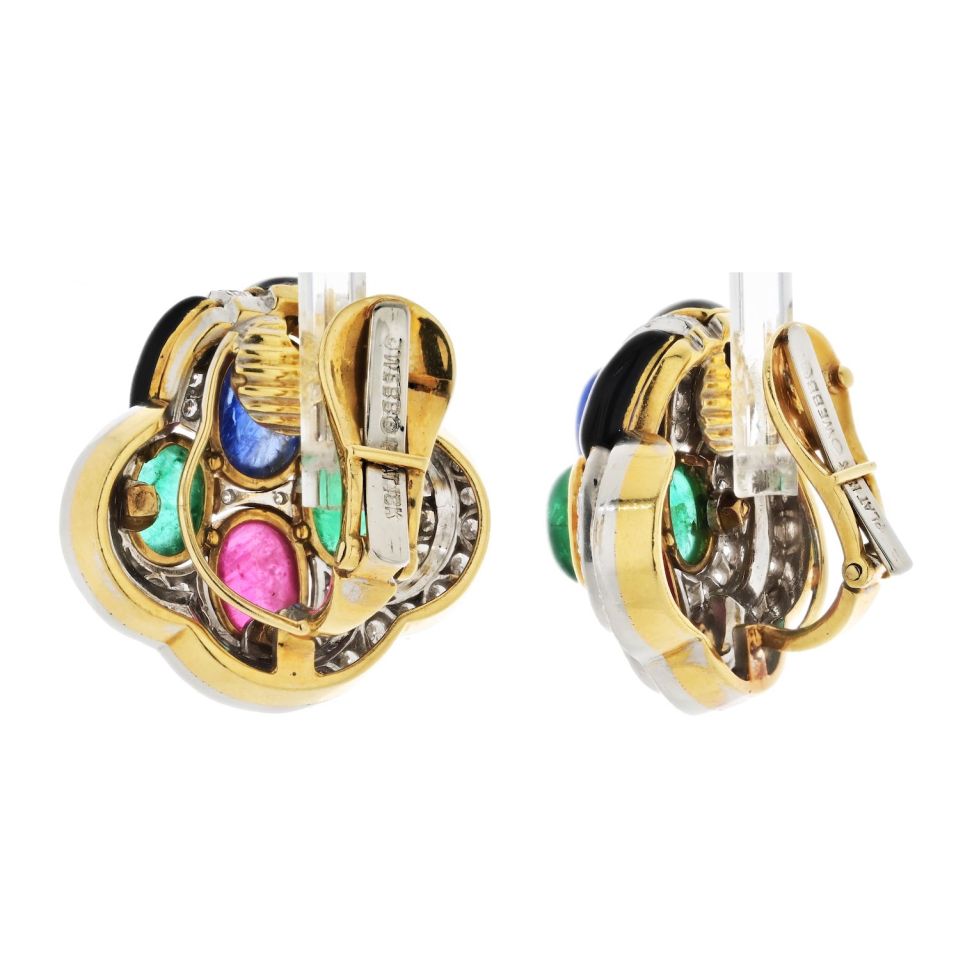 David Webb 18K Yellow Gold Black Enamel Diamond Sapphire Emerald Ruby Earrings - The Back Vault