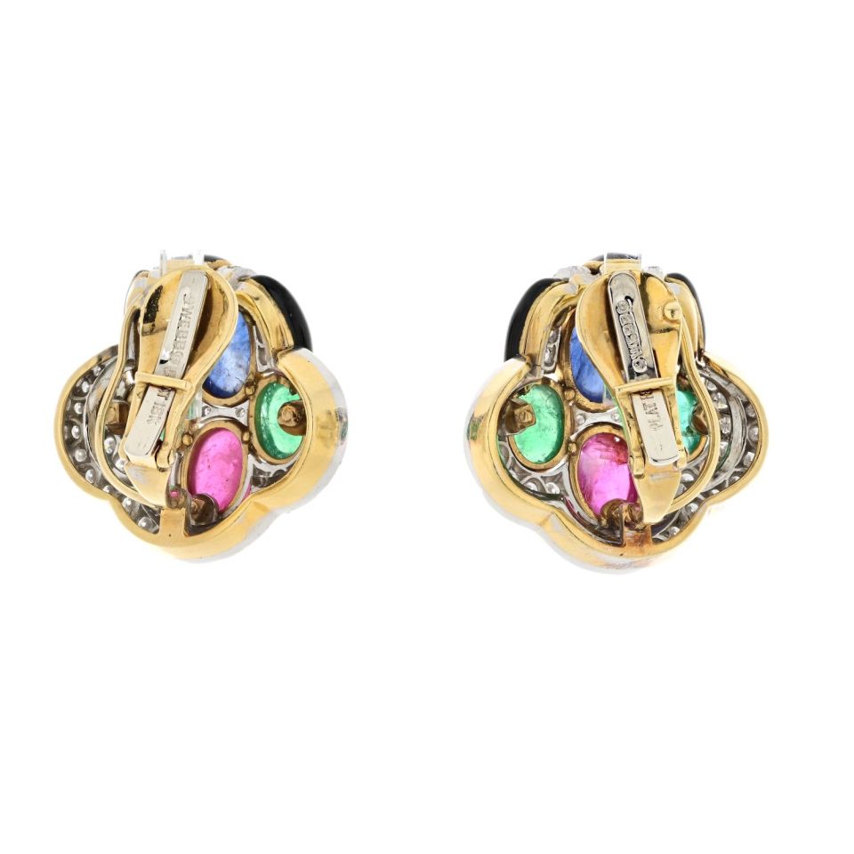 David Webb 18K Yellow Gold Black Enamel Diamond Sapphire Emerald Ruby Earrings - The Back Vault