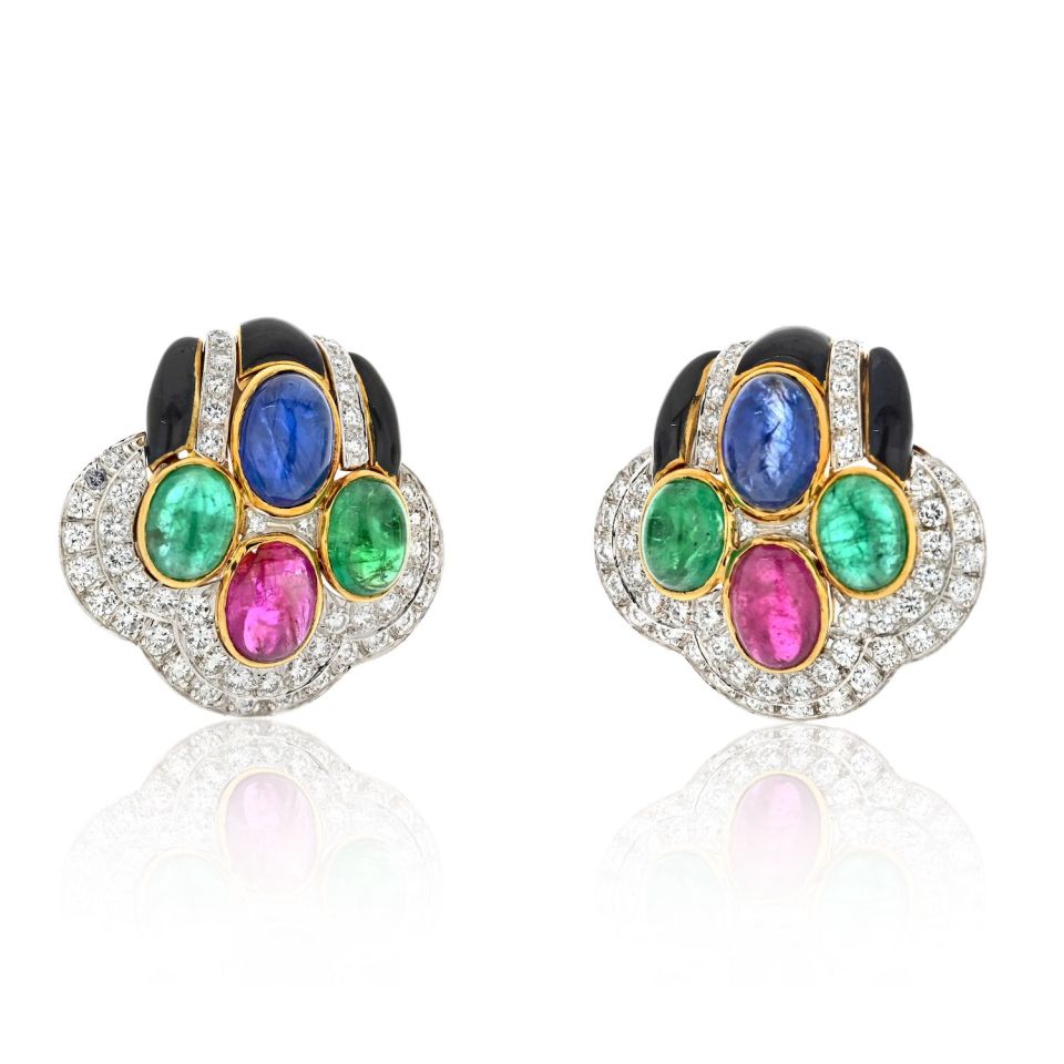 David Webb 18K Yellow Gold Black Enamel Diamond Sapphire Emerald Ruby Earrings - The Back Vault