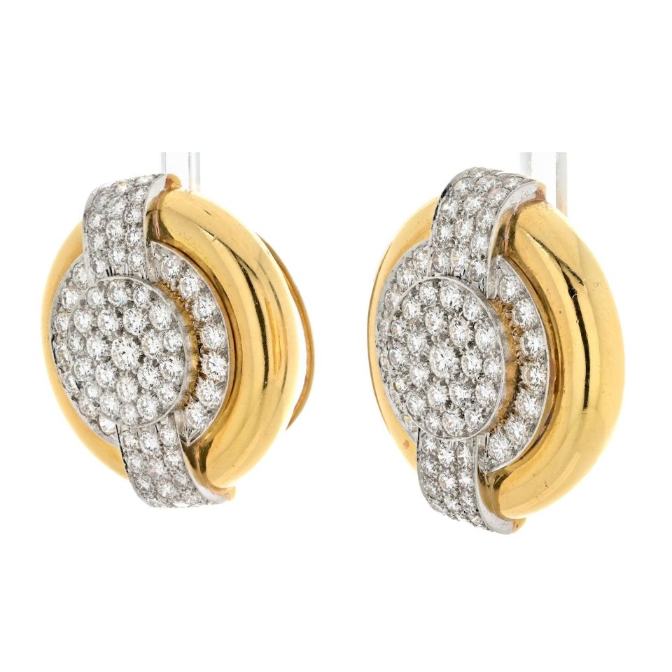 David Webb Platinum & 18K Yellow Gold 6.00cttw Diamond Round Shaped Clip On Earrings - The Back Vault