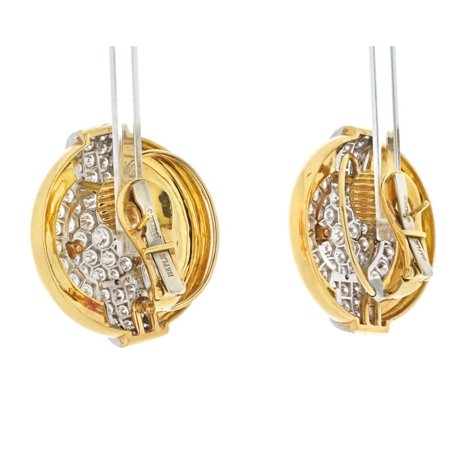 David Webb Platinum & 18K Yellow Gold 6.00cttw Diamond Round Shaped Clip On Earrings - The Back Vault