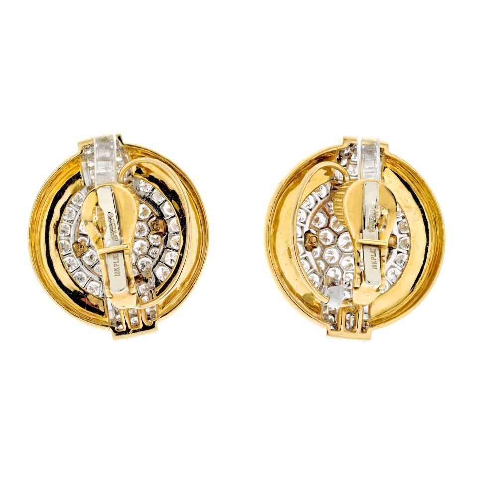 David Webb Platinum & 18K Yellow Gold 6.00cttw Diamond Round Shaped Clip On Earrings - The Back Vault