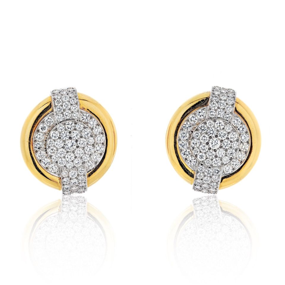 David Webb Platinum & 18K Yellow Gold 6.00cttw Diamond Round Shaped Clip On Earrings - The Back Vault