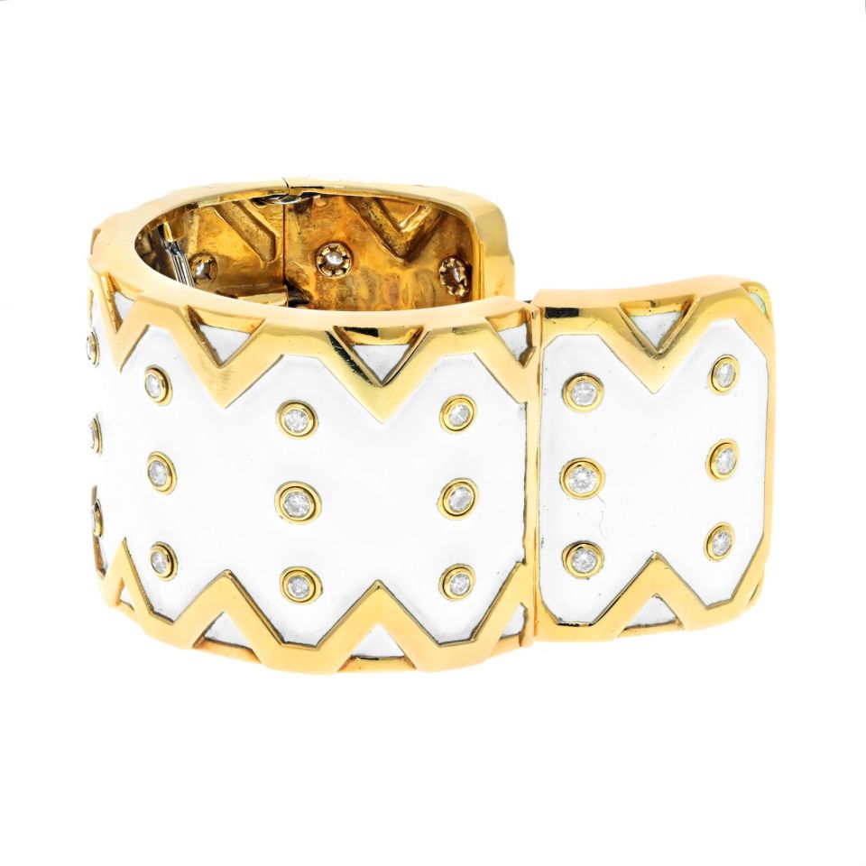 David Webb Platinum & 18K Yellow Gold RickRack White Enamel Diamond Bracelet - The Back Vault