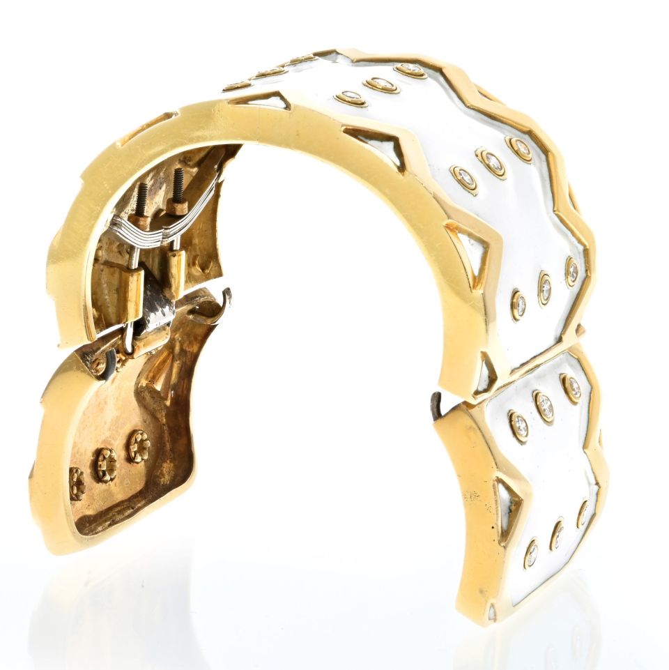 David Webb Platinum & 18K Yellow Gold RickRack White Enamel Diamond Bracelet - The Back Vault