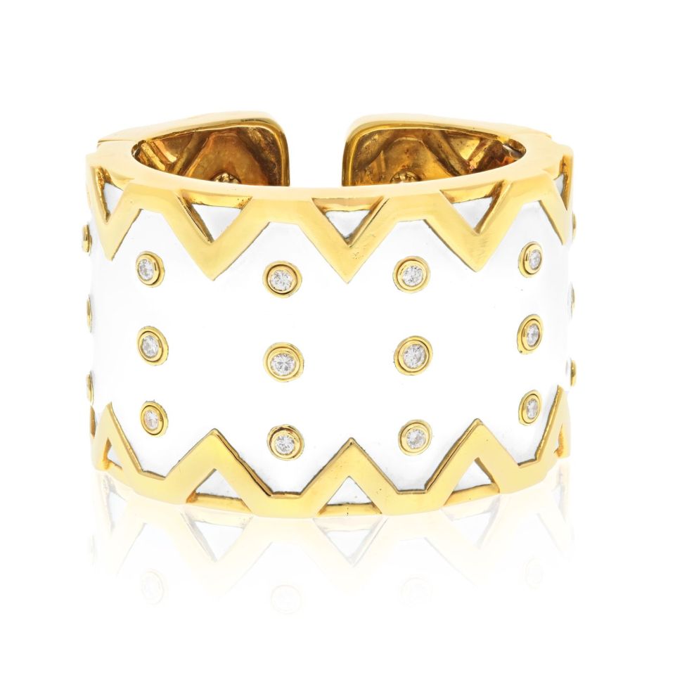 David Webb Platinum & 18K Yellow Gold RickRack White Enamel Diamond Bracelet - The Back Vault