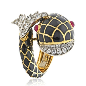 David Webb Platinum & 18K Yellow Gold Koi Fish Black Enamel Ring