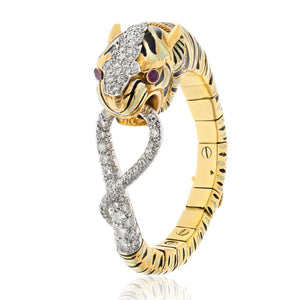 David Webb Platinum & 18K Yellow Gold White And Balck Enamel Tiger Diamond Bracelet