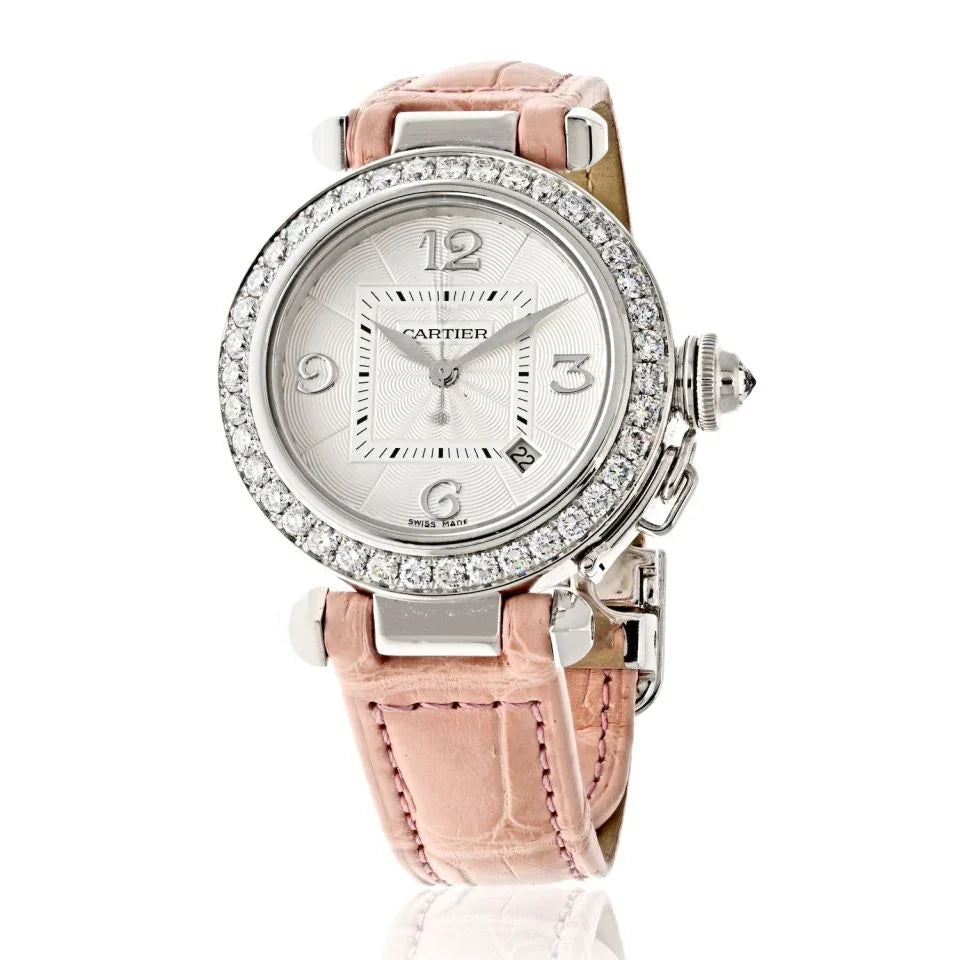 Cartier 18K White Gold 32mm Pasha Factory Diamond Bezel 2528 Women