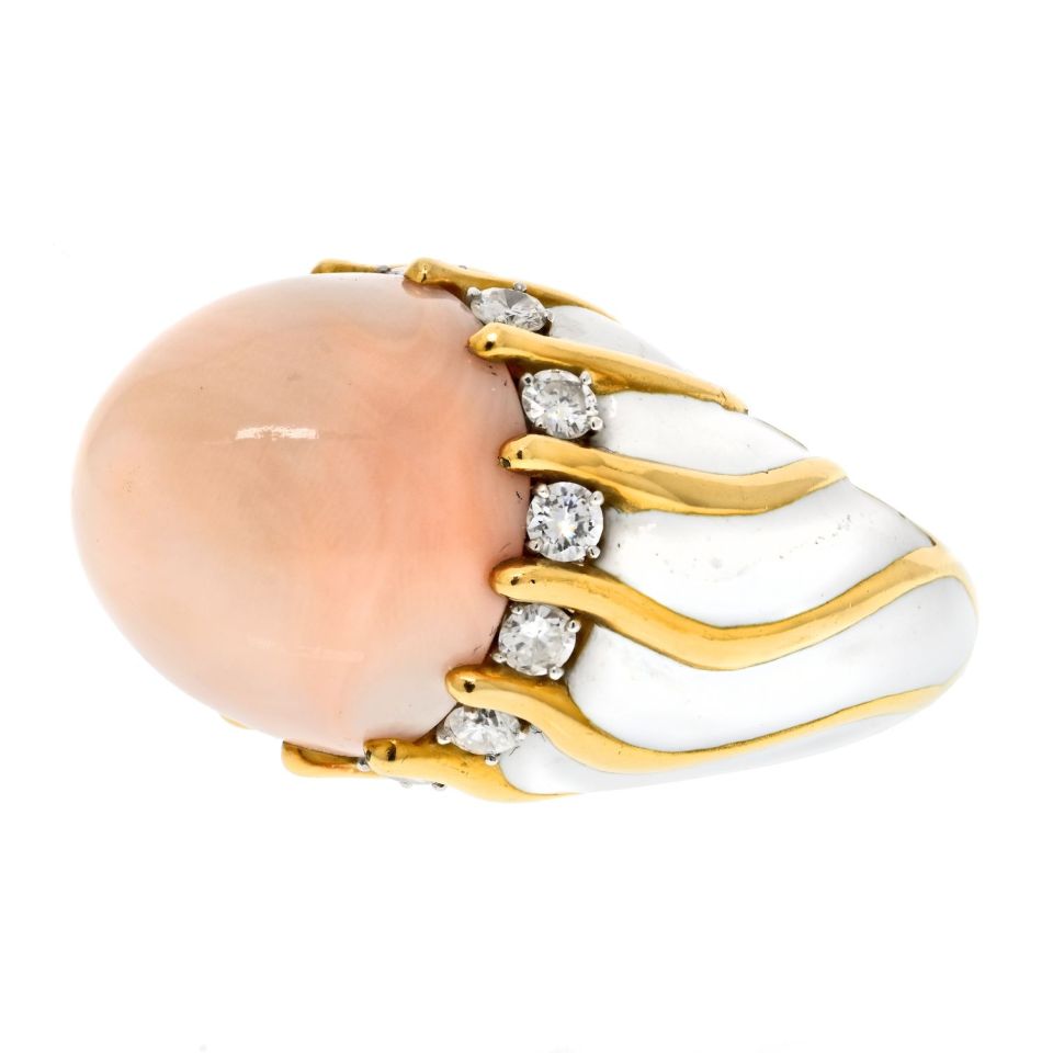 David Webb 18K Yellow Gold 1970's Coral Dome, White Enamel Diamond Ring - The Back Vault