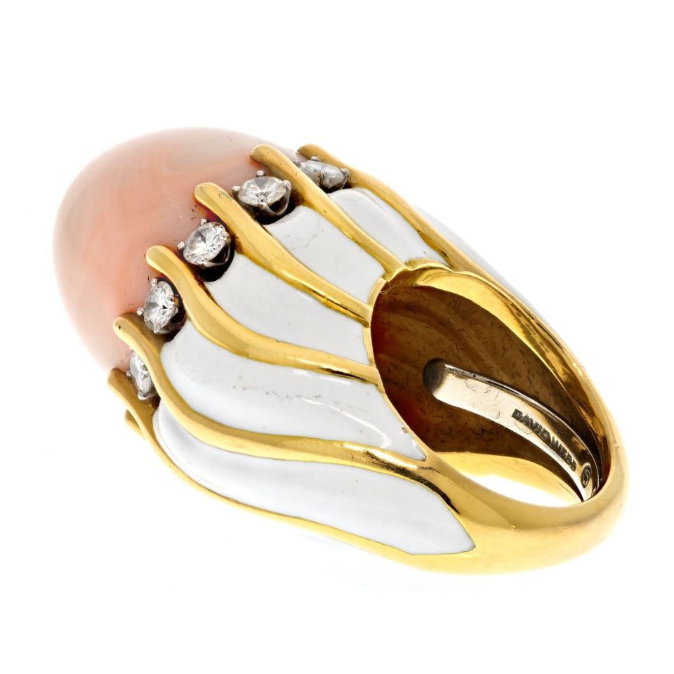 David Webb 18K Yellow Gold 1970's Coral Dome, White Enamel Diamond Ring - The Back Vault