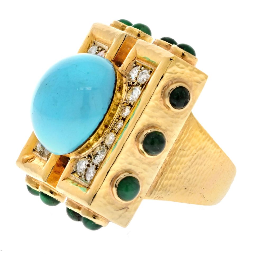 David Webb Platinum & 18K Yellow Gold Turquoise Diamond Emerald Oversized Ring - The Back Vault