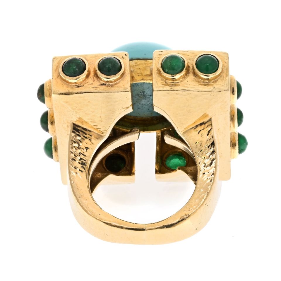 David Webb Platinum & 18K Yellow Gold Turquoise Diamond Emerald Oversized Ring - The Back Vault