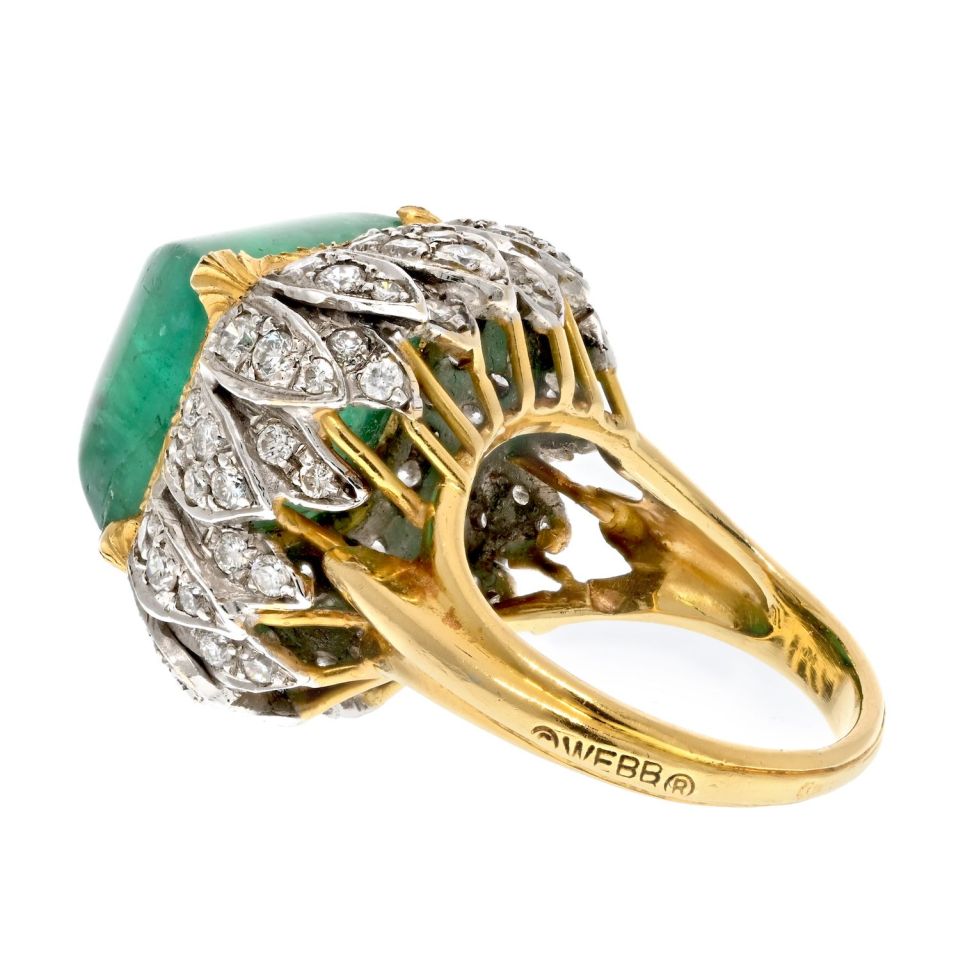 David Webb Platinum & 18K Yellow Gold 1960's Green Emerald Sugarloaf Ring - The Back Vault