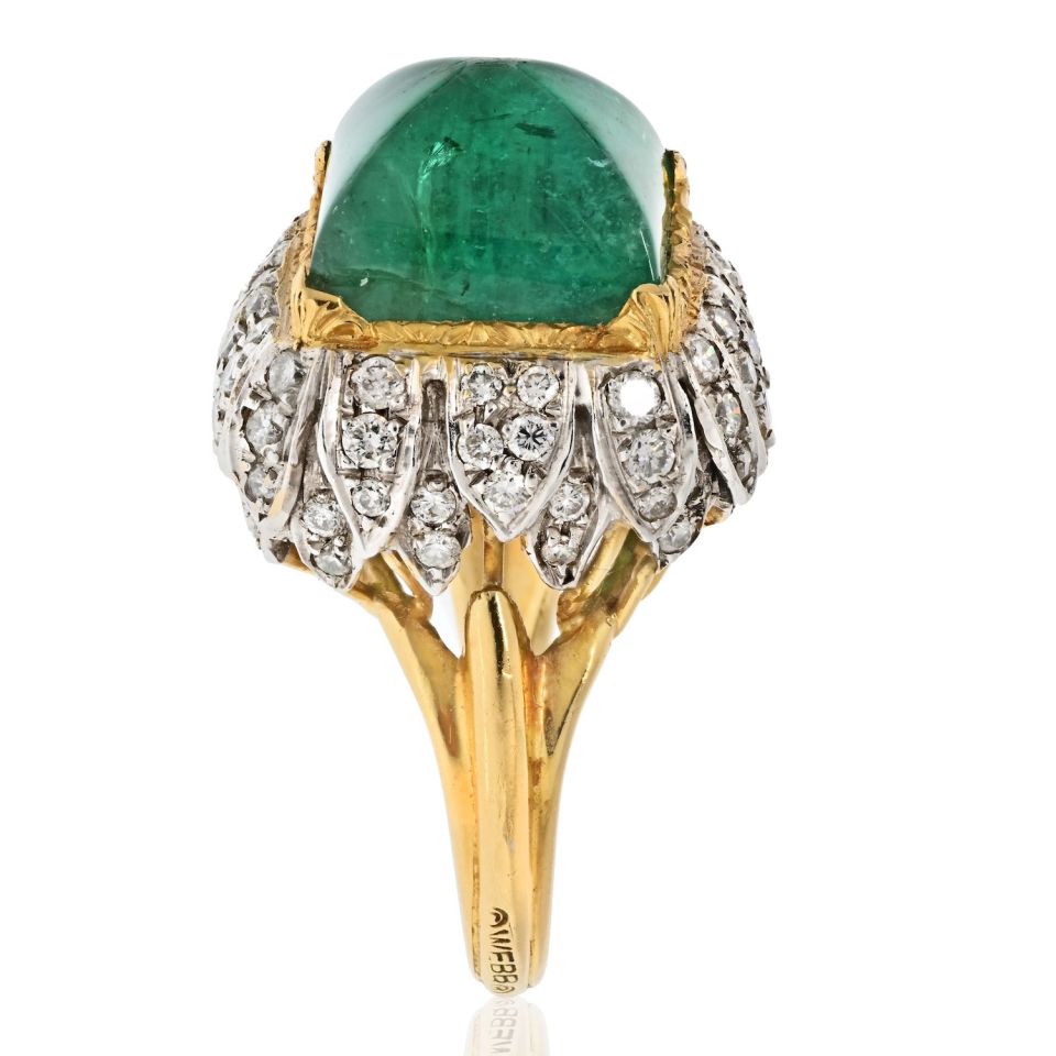 David Webb Platinum & 18K Yellow Gold 1960's Green Emerald Sugarloaf Ring - The Back Vault