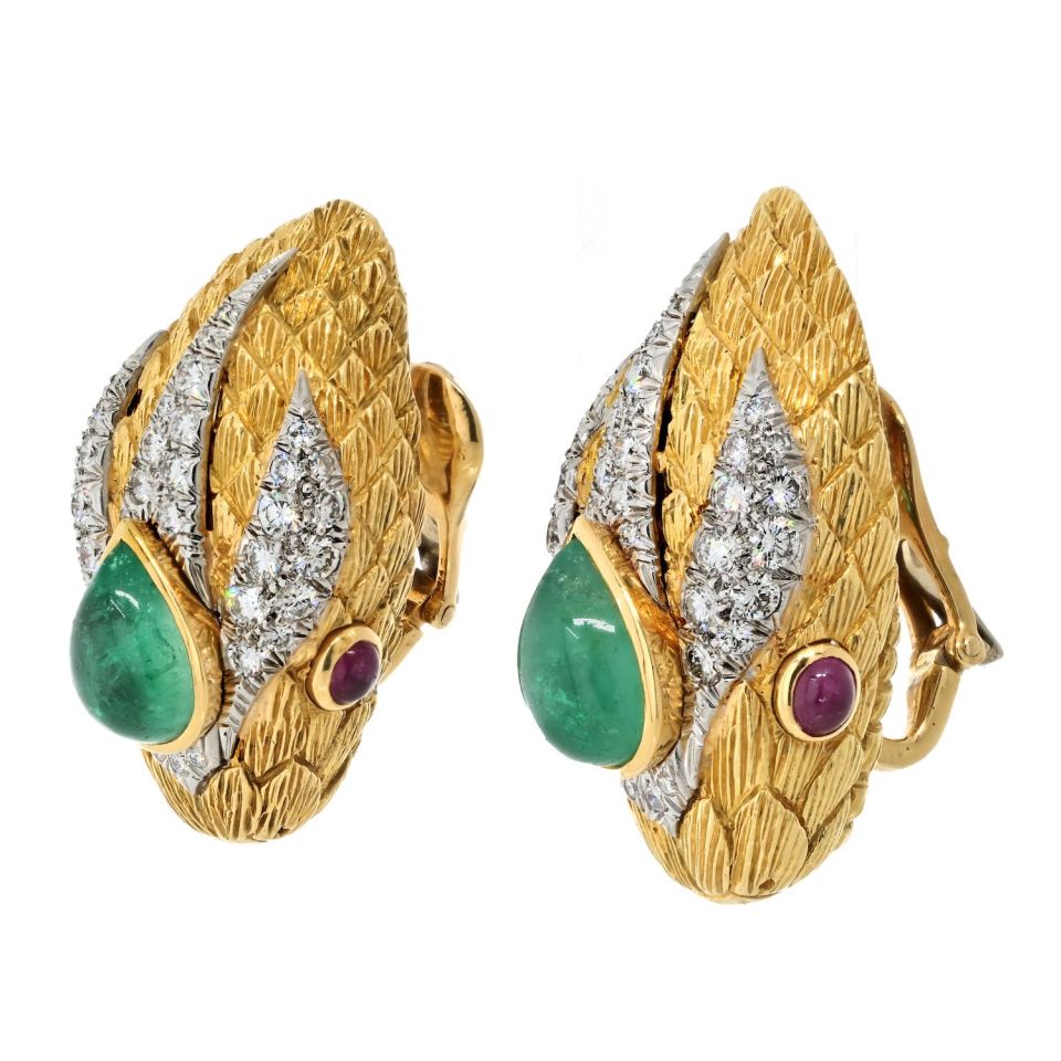 David Webb Vintage Platinum & 18K Yellow Gold Snake Green Emerald Ruby Diamond Clip On Earrings - The Back Vault