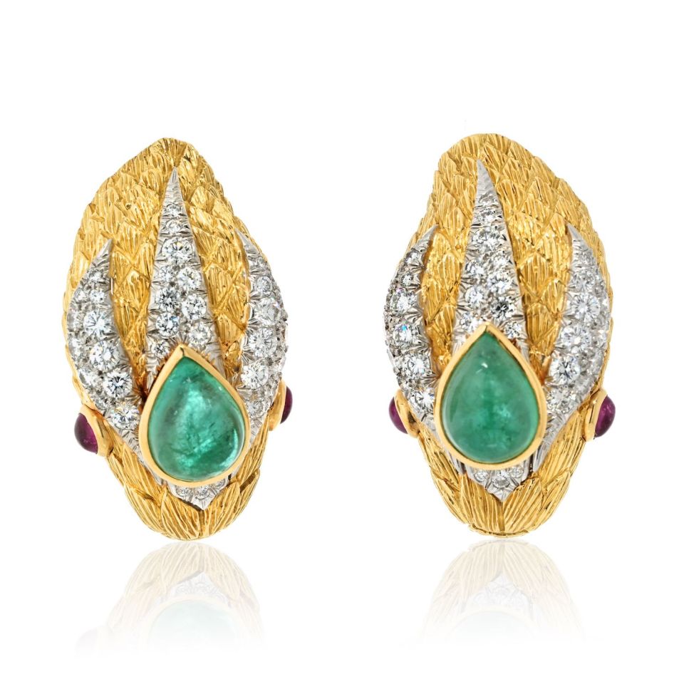 David Webb Vintage Platinum & 18K Yellow Gold Snake Green Emerald Ruby Diamond Clip On Earrings - The Back Vault