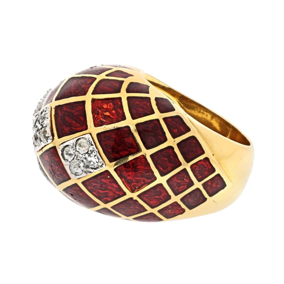 David Webb Platinum & 18K Yellow Gold Red Enamel Bombe Diamond Ring - The Back Vault