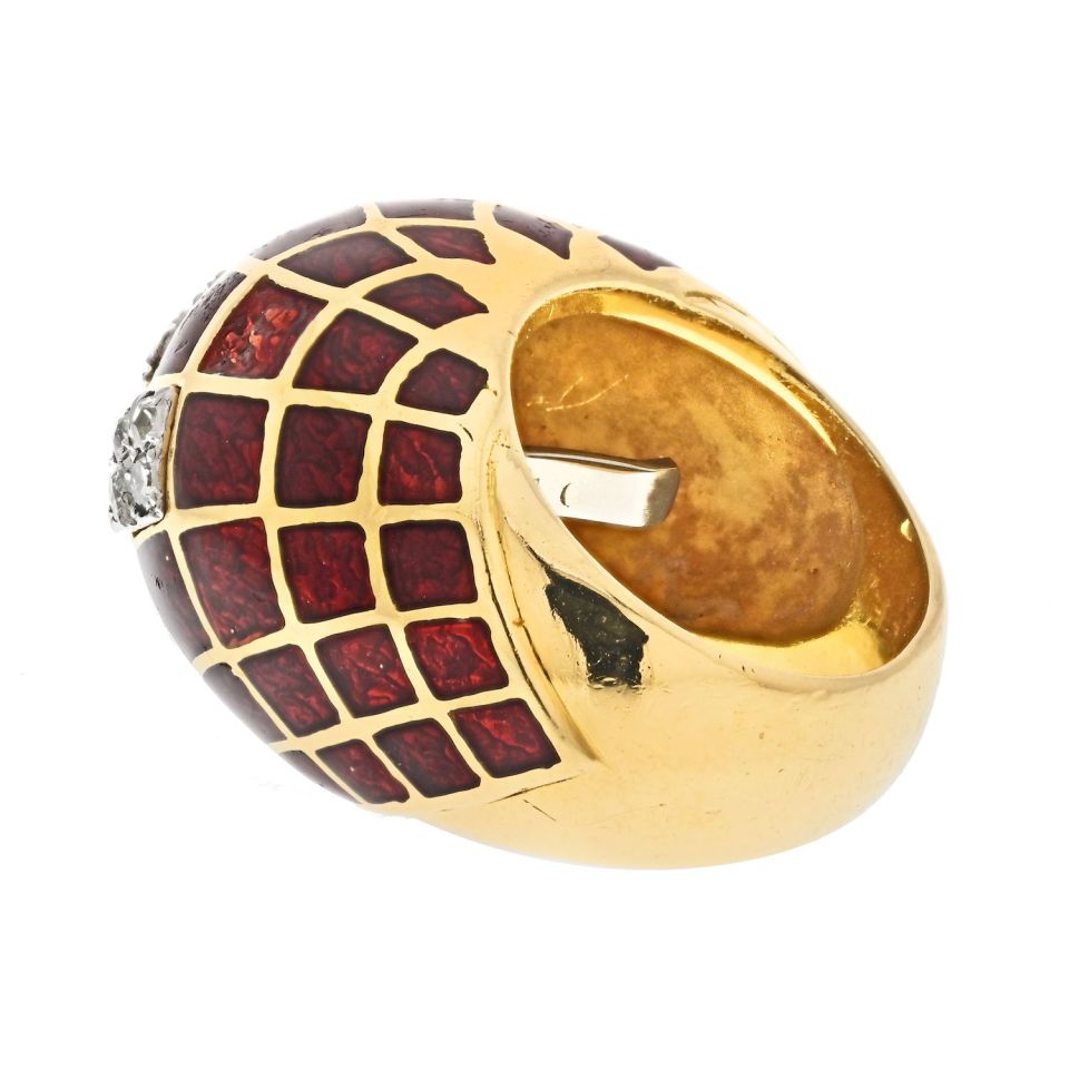 David Webb Platinum & 18K Yellow Gold Red Enamel Bombe Diamond Ring - The Back Vault