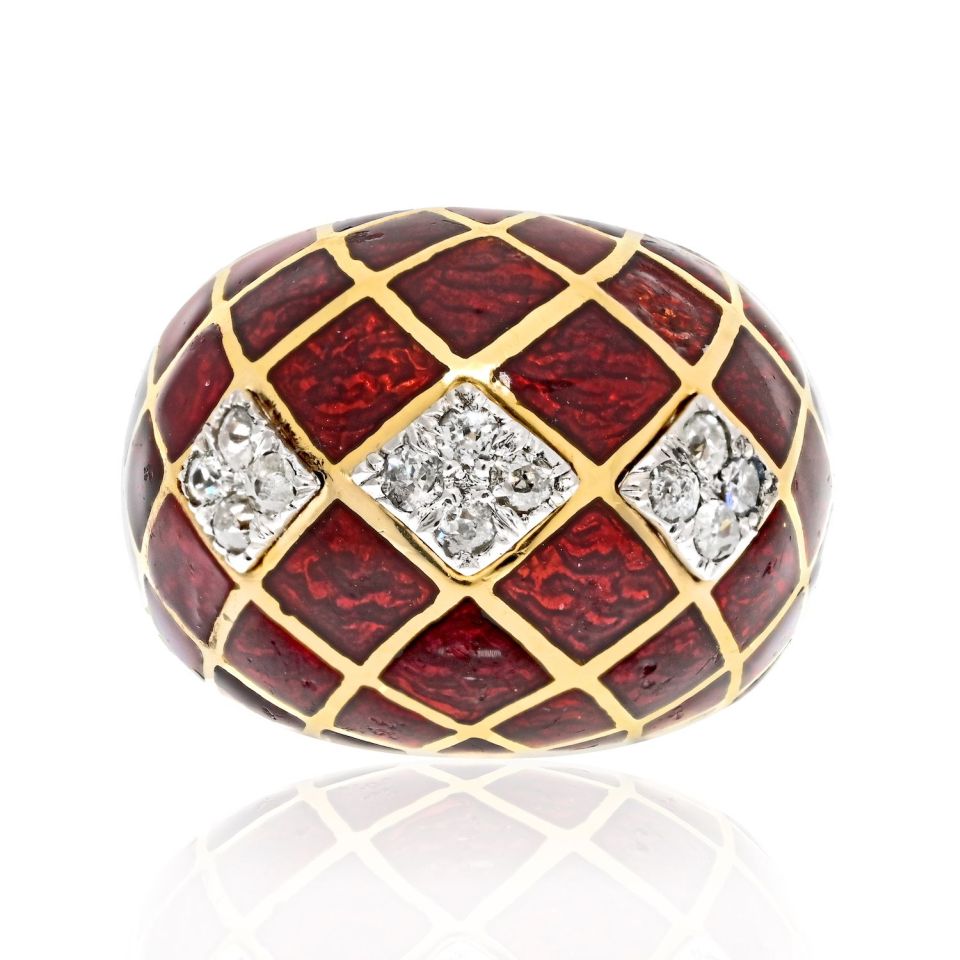 David Webb Platinum & 18K Yellow Gold Red Enamel Bombe Diamond Ring - The Back Vault