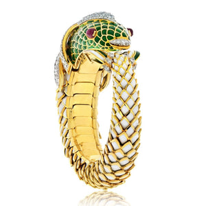 David Webb Platinum & 18K Yellow Gold Koi Fish White Enamel, Green Enamel And Diamond Bracelet