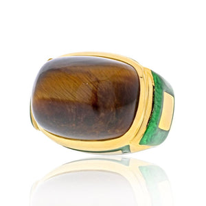 David Webb 18K Yellow Gold Tiger Eye High Polished Green Enamel Cocktail Ring