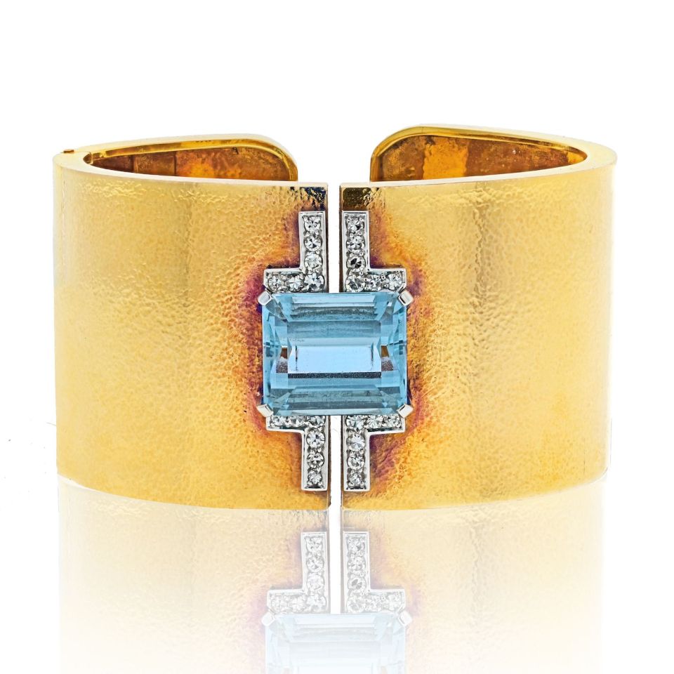 David Webb 18K Yellow Gold Rickrack Turquoise Cuff Bracelet