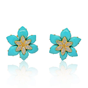 18K Yellow Gold Turquoise Diamond Flower Earrings