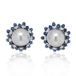 David Webb Platinum & 18K White Gold Sapphire, Diamond, Pearl Earrings