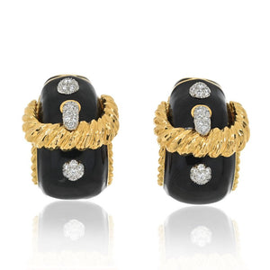 David Webb Platinum & 18K Yellow Gold Buckle Diamond Black Enamel Earrings