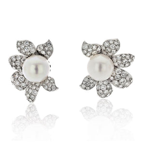 David Webb Platinum Diamond And White Pearl Flower Clip Earrings