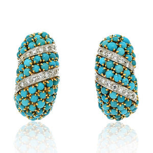 David Webb Platinum & 18K Yellow Gold Turquoise And Diamonds Shrimp Hoop Clip Earrings