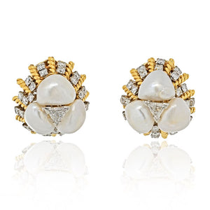 David Webb Platinum & 18K Yellow Gold Diamond, Pearl, Dome Style Clip On Earrings