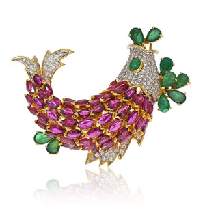 18K Two Tone Ruby, Diamond and Emerald Fish Brooch