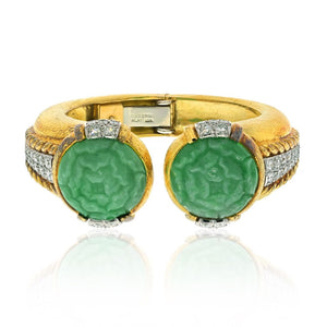 David Webb Platinum & 18KY Carved Jade Hammered Gold Diamond Cuff Bracelet