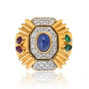 David Webb Platinum & 18K Yellow Gold Geometric Sapphire Diamond And Ruby Cocktail Ring